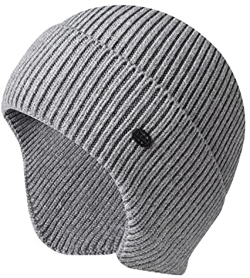 Wintermütze für Herren, Outdoor, dehnbar, gestrickt, Skimützen mit Ohrenklappe, winddicht, Grau, Einheitsgröße