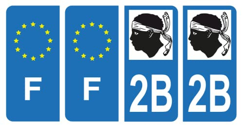 HADEXIA Set mit 4 Aufklebern für Nummernschild, französisches Departement 2B Haute-Corse & F Frankreich Europa