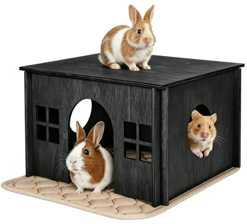 Wooden Guinea Pig Hideout, Guinea Pig House Small Rabbit Hideout with Multiple Windows, Small Animal House Bunny House Hideaway Castle Habitat for Guinea Pigs, Hamster, Chinchilla