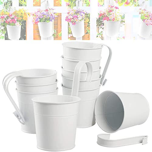 10 Stück Metall Blumentopf zum Aufhängen Abnehmbar Haken Pflanzgefäße Balkontopf Hängetöpfe Eisen Blumeneimer Sukkulenten Kräuter Pflanzen Behälter Rustikale Vintage Balkon Garten Deko ( White)