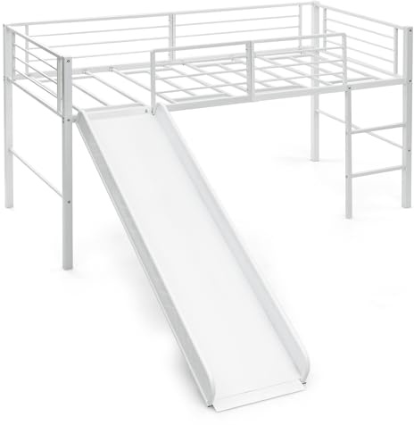 LIFEZEAL Hochbett 90 x 200 cm, Etagenbett mit Rutsche & Leiter, Metallbett mit Lattenrost & Sicherheitsgittern, Platzsparendes Kinderbett Jugendbett für Schlafzimmer & Kinderzimmer(Weiß)