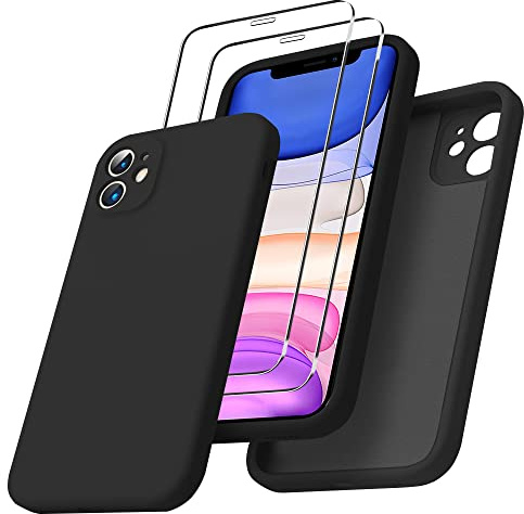 For iPhone 11 Case Silicone,iPhone11 Phone Case and Screen Protector 2 Pack | Liquid Silicone Soft Gel Rubber Cover [Square Edge] [Full Body] Shockproof Protective Phonecase for iPhone 11 2019,Black