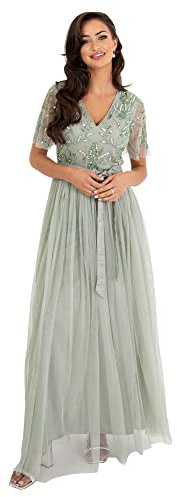 Maya Deluxe Damen Womens Maxi Dress Ladies Ball Gown for Wedding Guest Embellished Tie Waist V Neck Bridesmaid Prom Evening Occasion Kleid