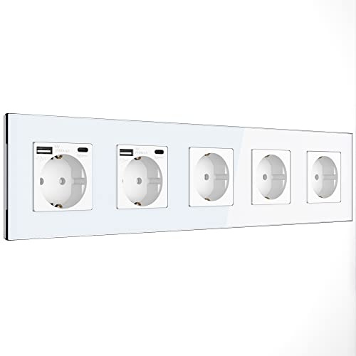 PULSAR USB-C USB-A Steckdose Unterputz Glas Weiß 5-Fach, Schnellladen | Steckdose USB-C USB-A 5-Fach Glas Weiß - Schuko Wandsteckdose Unterputz mit 4 USB-Schnittstellen max 20W Schnellladen