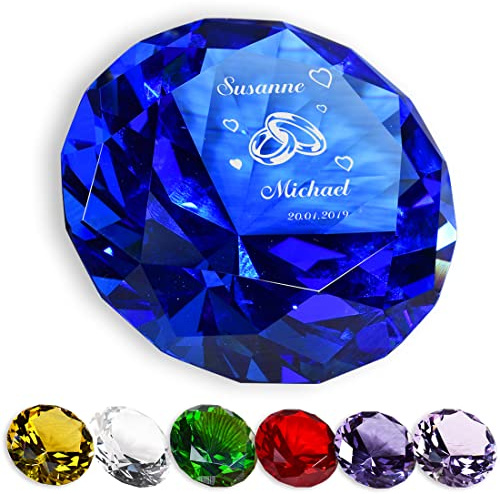 polar-effekt Deko Diamant in Blau aus Glas mit personalisierter Gravur zur Hochzeit - Dekostein mit Name - als Briefbeschwerer geeignet - Hochzeitsgeschenk für Standesamt - Motiv Trauringe