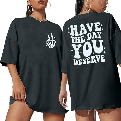 ASTANFY Oversized Tshirts for Women: Deserve Day Shirt Funny Skeleton Shirts Casual Oversized Graphic Tees Tops Grey
