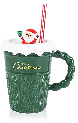 Christmas Coffee Mug 400ml Christmas Ceramic Coffee Cup Tea Cup Milk Cup with Lid and Straw, Cute Xmas Couple Cup for Birthday Christmas Girls Boys Gifts (Green)