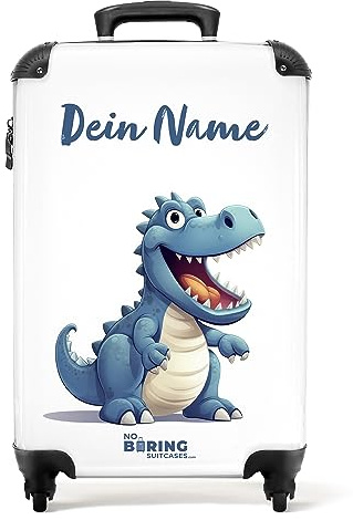 NoBoringSuitcases.com® Fotokoffer personalisiert, Kinderkoffer - 55x40x20cm Handgepäck Trolley, Kinderkoffer Jungen - Kindertrolley - Blauer Dinosaurier - Leicht - Koffer mit Namen Initialen