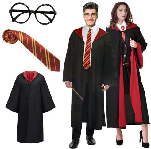DASIAUTOEM Bata de Mago Gryffindor, Capa de Gryffindor, con Corbata y Gafas, Robe Mágico para Carnaval y Cosplay, Disfraz de Fiesta para Adultos, XL