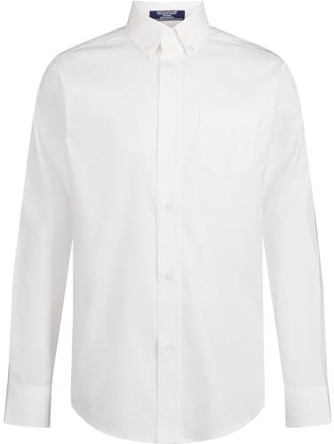 Izod Boys' Long Sleeve Solid Button-Down Collared Oxford Shirt with Chest Pocket, Classic White, 8 Husky