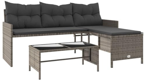 vidaXL Gartensofa in L-Form mit Tisch und Kissen Grau Poly Rattan