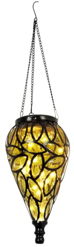 GLOBO Solarlampen für Außen hängend Gartendeko für draußen Hängeleuchte Balkon antik, Akku IP44 Wetterfest, Metall schwarz amber, 15x LED 3200K, DxH 13,5x50cm