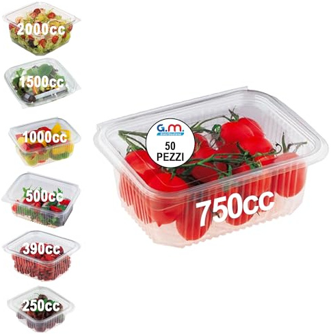 Generico GM – 50 Vaschette Rettangolari Trasparenti 750 cc con Coperchio Attaccato, Contenitori Ermetici in PET Idonei al Contatto Alimentare per Gastronomia, Asporto e Pranzo – 15,5×19×5,5h cm