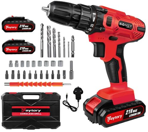 Cordless Electric Power Drill Driver Set With 2 Batteries, 3/8 Keyless Chuck, 25+1 Torque, 45N.m Max, LED, 2 Speed Combi Hammer Screwdriver Kit, 26 Bits, Kitbox for DIY