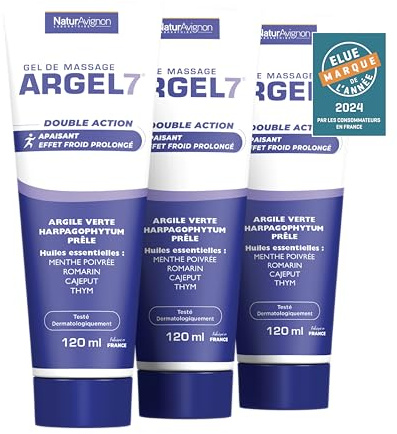 NaturAvignon Argel 7 gel de massage gênes articulaires et contracture musculaire | argile verte, harpagophytum | Creme massage genoux douleur dos | effet cryothérapie et relaxation | Tube 120mL x3
