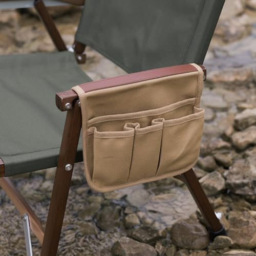 Borsa portaoggetti per braccioli per sedia da campeggio, tasca laterale per sedia da esterno, borsa portaoggetti multifunzionale da appendere alla poltrona (Kaki)