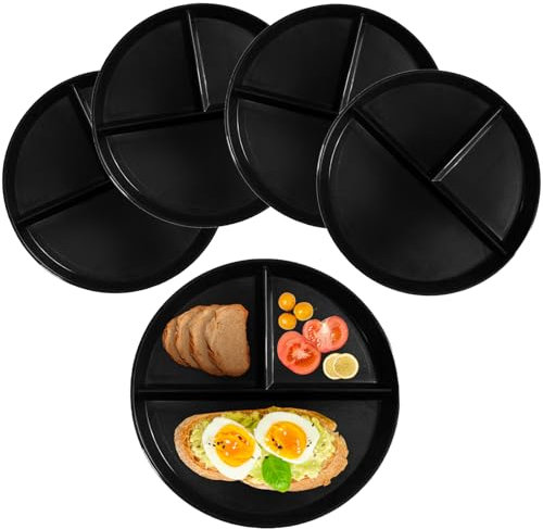 NOZVYCI 23CM Lot de 4 Assiette Plate Incassable avec 3 Compartiments Assiette à Dîner Divisée Allant au Micro-ondes et au Lave-vaisselle Assiette pour Familiale Séparée (Noir)