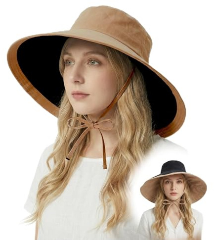 HIQIU Omvänd solhatt dam UV-skydd Stor brätte sommarhatt - Vikbar fiskarhatt Reversibel strandhatt Trädgårdshatt för utomhus och semester, kaki, 56-58