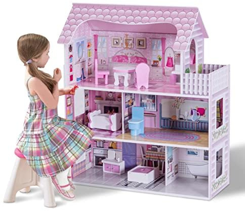 Fantasks Dollhouse, dockhus med möbler och tillbehör, dockvilla 3 våningar, dockhus leksak