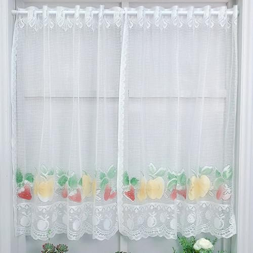 Lirzxin Bistrogardine, Scheibengardine Transparent Gardine Stores Spitze Erdbeer Orange Muster Polyester Fensterschal für Wohnzimmer Bad Landhaus, 90x140CM, Weiß Gelb Rot, 2er Set