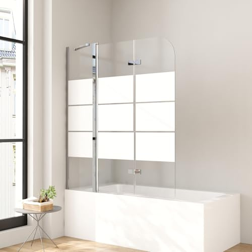 Duschwand für Badewanne 150 x 140 cm 2-teilig Gestreift Faltbar Duschtrennwand mit Stabilisator und Festteil Faltwand Duschabtrennung 6mm Nano Glas Badewannenfaltwand
