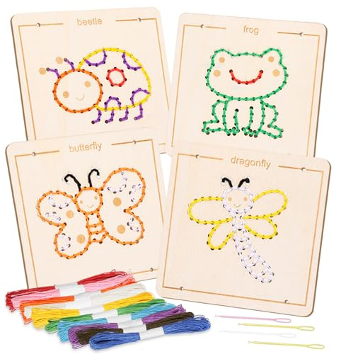 Montessori Fädelspiel Set, Stickset für Anfänger, Sticken für Anfänger | Fädelspiel mit 4 Tieren, Anfänger Stickerei Set mit Garn für Kinder, Sticken Set Erwachsene, Bastelsets für Kinder, Handwerk
