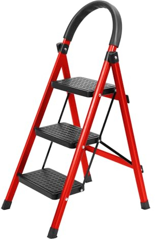 toxaaiwr 3 Step Ladder, Folding Ladder with Non-Slip and Wide Pedal, Small Multi-Purpose Collapsible Ladder with Handle, 330 lbs Load Lightweight and Portable Step Ladder Red
