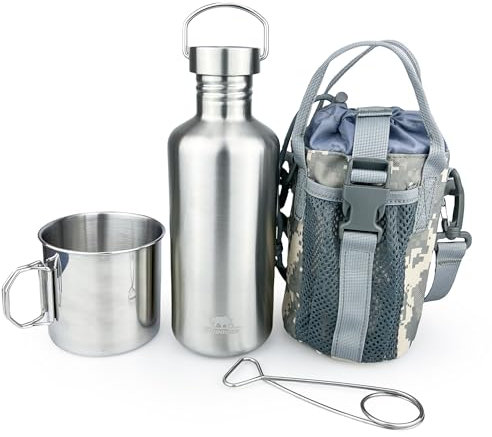 Pubgeer Canteen - Borraccia a parete singola da 1200 ml, con tazza da campeggio annidata da 680 ml e borsa per il trasporto, ingranaggio Bushcraft, bottiglia d'acqua a bocca larga, attrezzatura di
