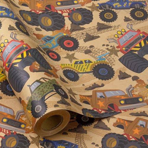 RUSPEPA Boy Birthday Wrapping Paper, Mini Roll, Kraft Wrapping Paper Roll, Gift Wrap with Monster Trucks Pattern Great for Boys, Birthday Party and Holiday, 43.2cm x 5m