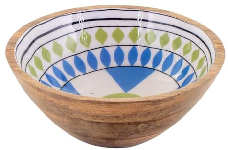 Plat de Service décoratif en Bois de Manguier, Thème rétro et Motifs Allover colorés, diamètre 25 cm