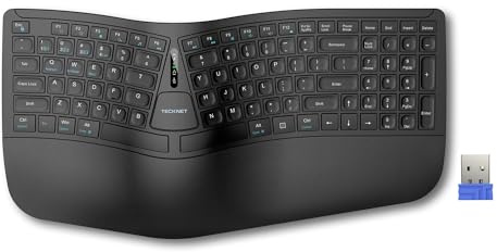 TECKNET Wireless Ergonomic Keyboard Rechargeable, 2.4G+Bluetooth Ergo Cordless USB Computer Keyboard, Wrist Rest, Natural Typing, Stain-Resistant Fabric, Compatible For Windows Computer Desktop Laptop