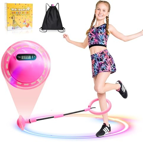 Herbst Kinder Blinkender Springring mit Zähler Timer Kalorienzähler Faltbarer Jumping Ball Fußkreisel Swing Wheel mit Lichtrad Fitness Spielzeug für Mädchen (Rosa)