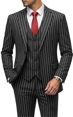 MOGU - Costume 3 pièces pour homme à rayures fines, coupe ajustée, double aérations, veste de smoking, gilet et pantalon décontracté
