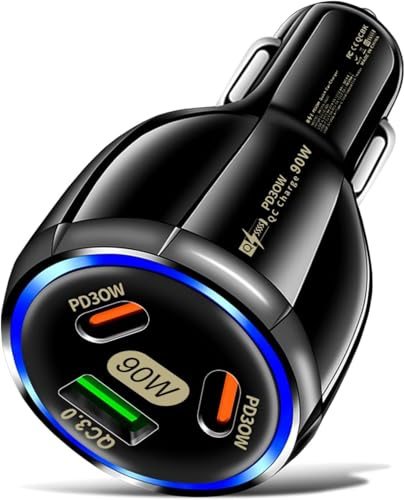90W USB C Car Charger Adapter 3-Port Fast Car Charger Adapter, Cigarette Lighter USB Charger, Fast Car Charger Socket Compatible with iPhone, Android, Samsung Galaxy