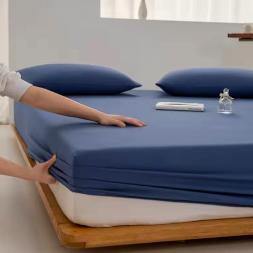 Lenzuolo Sotto Con Angoli Elasticizzato 100% Cotone Per Letto Tinta Unita h 25 cm (Blu, Matrimoniale)