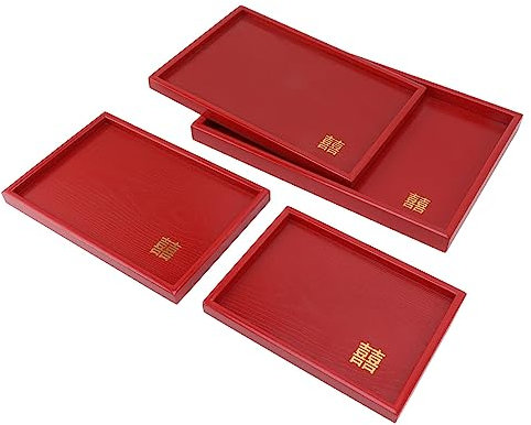 Lot de 4 Plateaux de Service, Plateau Snack Style Chinois, Plateau de Service en Bois, Plateau Rectangulaire en Bois, Assiette de Service pour Vaisselle, café ou thé, Rouge (carré)