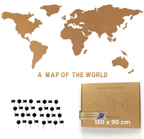 Tripvea - Tableau en Liège | Panneau Mural Carte du Monde 150x90cm – Tableau d’Affichage avec 50 Punaises, Design Vintage & Naturel (XXL)