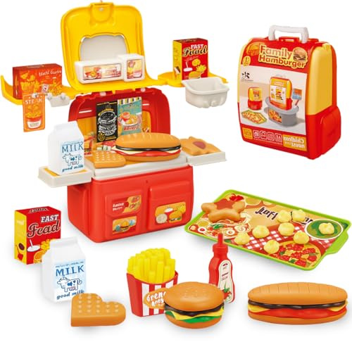 COO11 37Pcs Kids Kitchen Pretend Play Toys, Smart Kitchen Playset Role Play, Fast Food Burger Set, Waffle Sausage Kitchen Accessories, Children Pretend Play Backpack Kit Kitchen Set Suitable for 3+