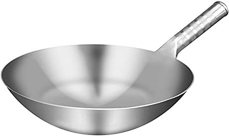 Wok grande, sartén de acero inoxidable 430, sartén gruesa antiadherente, sartén comercial de fondo redondo sin revestimiento con mango de acero inoxidable aislado, 32 cm