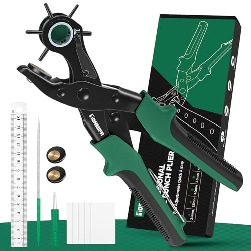 Professional Leather Hole Punch Plier - Tonmifr Heavy Duty 6 Sizes Belt & Watch Band Hole Puncher Tool, Leather Craft Tool for Belts, Handbags, Straps, Precision Ground Punches with Non-Slip Grips