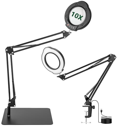 WISYOK Förstoringsglas med ljus och stativ, 10 x LED-förstoringsglas med stor vridbar arm, 5 färglägen 10 steglöst dimbar, 2-i-1 lupplampa med klämma och bas, lä för seniorer