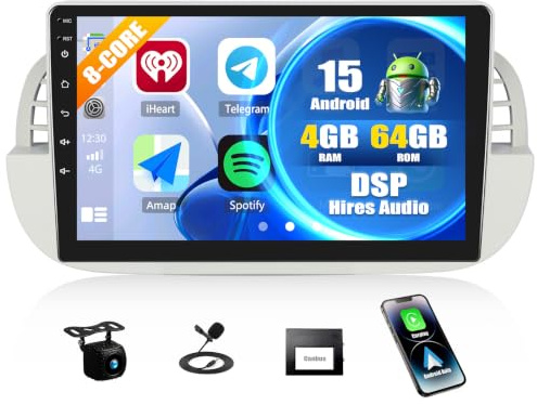 Android 15 CAMECHO 4+64G Autoradio 8-Core per Fiat 500 2007-2015 con DSP, 9 Pollici Qualcomm Wireless Carplay Radio con Bluetooth Android Auto GPS WIFI FM/RDS +Telecamera Posteriore