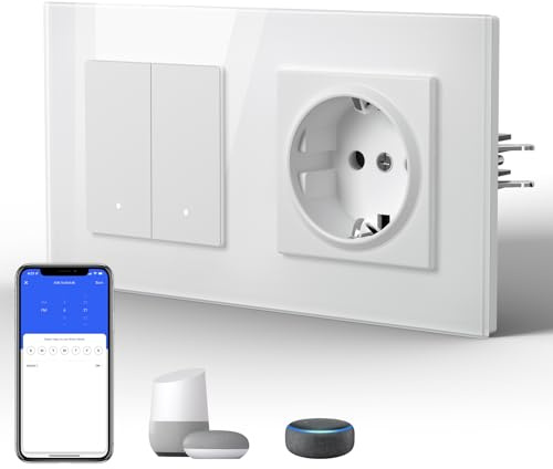 BSEED Steckdose mit Lichtschalter Unterputz 2 Fach 1 Weg WIFI Smart Lichtschalter (Neutralleiter Erforderlich), Compatibel mit Alexa/Google Home，157mm，Weiß