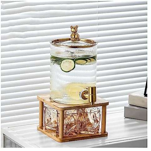 Dispensador de bebidas Dispensador de bebidas en frasco de vidrio, dispensador de bebidas de vidrio para refrigerador, dispensador de bebidas de vidrio con grifo y base de bambú para barbacoa, picnic,