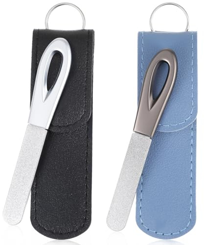Guduling 2 Pcs Metal Nail Files,Metal Nails File for Women,Stainless Steel Nail Filer,Double Sided Fine Grit Sapphire Filer with Leather Sheath Travel (Black,Blue