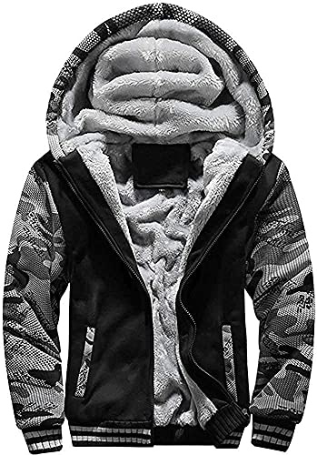 LEZUAN Felpa con Cappuccio Uomo Inverno Caldo Hoodie con Cerniera Integrale Felpe Uomo Manica Lunga Pullover Giacca di Spessore Cappotto in Pile Foderato,Nero Mimetico,L