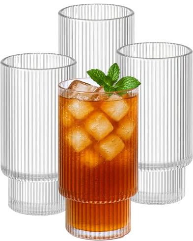 Henrrida 4 PCS Iced Coffee Glass, Retro Transparent Glassware, 11 Oz Reusable Ribbed Glasses, Suitable for Whiskey, Beer, Matcha, Juice Iced Latte Glass, Cocktails