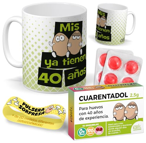 mundohuevo Kit regalo personalizado | Taza Mis huevos ya tienen 40 años + Caramelos divertidos + Pulsera sorpresa | Regalo divertido, original y único para 40 cumpleaños.