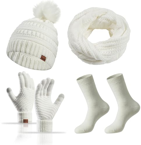 MAZELIKEHOOD mössa halsduk handskar set för kvinnor 4 st vinter damer varma stickade mössa hatt handskar strumpor halsduk halsvärmare 3 i 1 set kallt väder, Vitt, en storlek