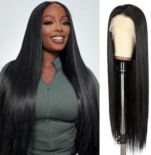 SOMIARIK 13x6 Lace Front Straight Synthetic Wigs for Women Natural Black Straight Lace Front Synthetic Wig Pre Plucked With Baby Hair Party Daily Wear Heat Resistant 26 Inch